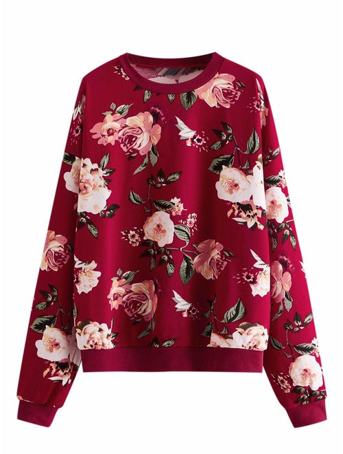 ROMWE Women's Casual Floral Print Long Sleeve Pullover Tops Lightweight Sweatshirt