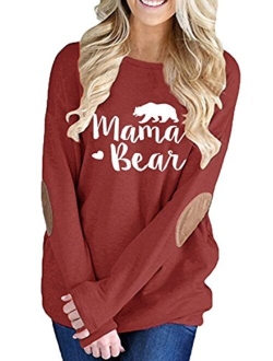 ALBIZIA Women's Long Sleeve Crew Neck Mama Bear Elbow Patch T Shirt Top