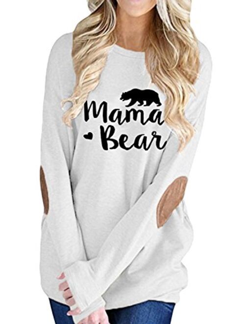 ALBIZIA Women's Long Sleeve Crew Neck Mama Bear Elbow Patch T Shirt Top