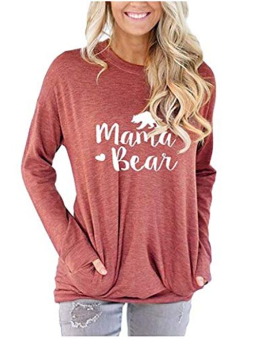 ALBIZIA Women's Long Sleeve Crew Neck Mama Bear Elbow Patch T Shirt Top