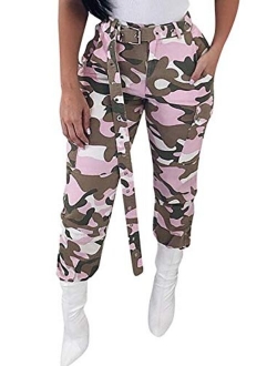 Voghtic Women's High Waisted Slim Fit Camoflage Camo Jogger Pants with Belt