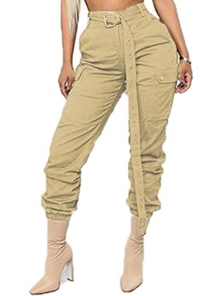 Voghtic Women's High Waisted Slim Fit Camoflage Camo Jogger Pants with Belt