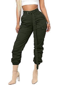 Voghtic Women's High Waisted Slim Fit Camoflage Camo Jogger Pants with Belt