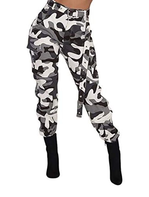 Voghtic Women's High Waisted Slim Fit Camoflage Camo Jogger Pants with Belt