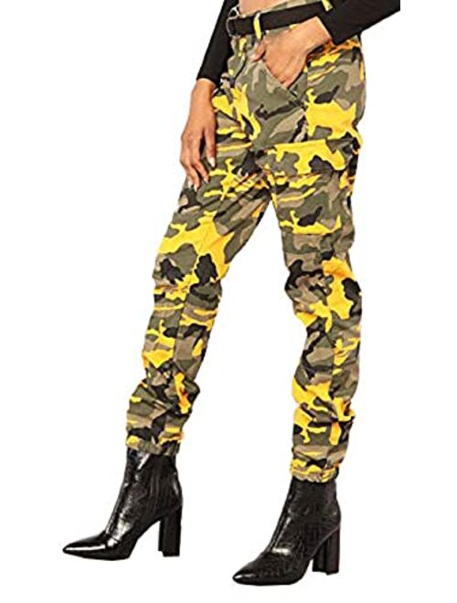 Voghtic Women's High Waisted Slim Fit Camoflage Camo Jogger Pants with Belt