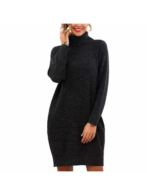 Exlura Women's Loose Turtleneck Long Sleeve Knit Pullover Sweater Dress with Pockets