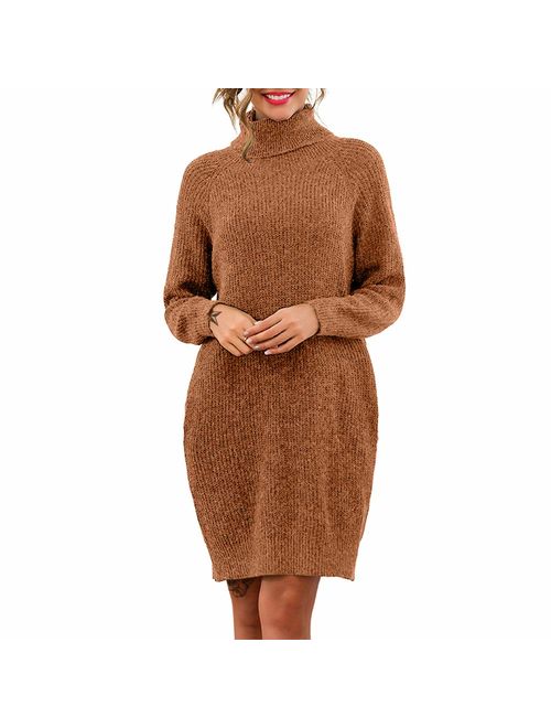 Exlura Women's Loose Turtleneck Long Sleeve Knit Pullover Sweater Dress with Pockets