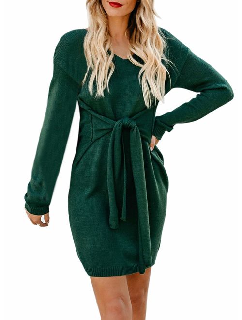 Happy Sailed Sweater Dress Women V Neck Tie Front Long Sleeves Mini Bodycon Knit Dresses