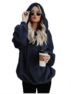 Women Casual Double Fuzzy Sweatshirt Faux Fleece Zip Pullover Hoodies Coat Outwear S-XXL