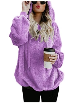 Women Casual Double Fuzzy Sweatshirt Faux Fleece Zip Pullover Hoodies Coat Outwear S-XXL