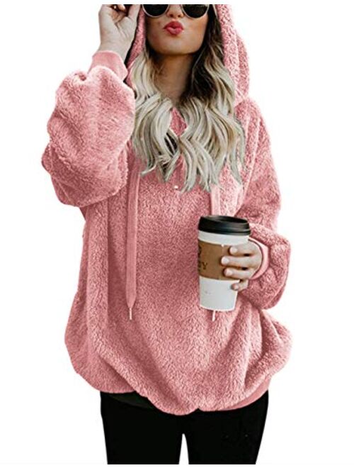 Women Casual Double Fuzzy Sweatshirt Faux Fleece Zip Pullover Hoodies Coat Outwear S-XXL