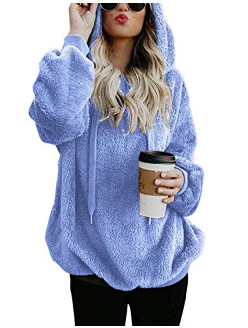 Women Casual Double Fuzzy Sweatshirt Faux Fleece Zip Pullover Hoodies Coat Outwear S-XXL