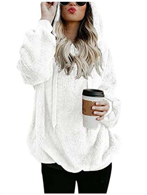 Women Casual Double Fuzzy Sweatshirt Faux Fleece Zip Pullover Hoodies Coat Outwear S-XXL