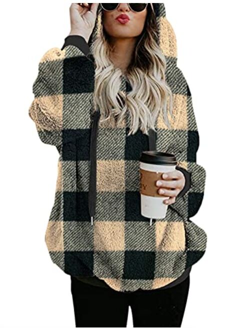 Women Casual Double Fuzzy Sweatshirt Faux Fleece Zip Pullover Hoodies Coat Outwear S-XXL