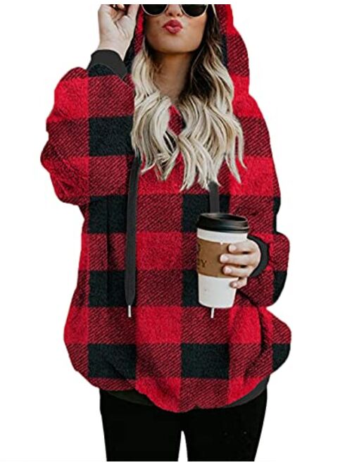 Women Casual Double Fuzzy Sweatshirt Faux Fleece Zip Pullover Hoodies Coat Outwear S-XXL