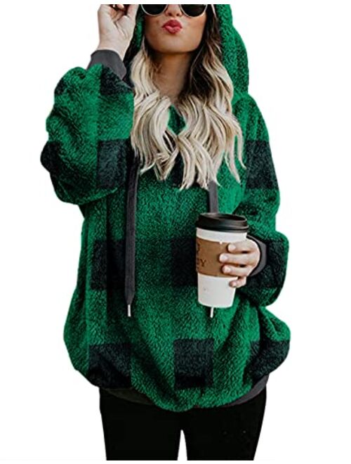 Women Casual Double Fuzzy Sweatshirt Faux Fleece Zip Pullover Hoodies Coat Outwear S-XXL