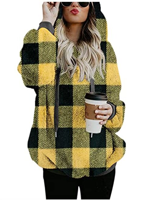 Women Casual Double Fuzzy Sweatshirt Faux Fleece Zip Pullover Hoodies Coat Outwear S-XXL