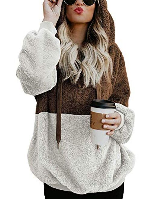 Women Casual Double Fuzzy Sweatshirt Faux Fleece Zip Pullover Hoodies Coat Outwear S-XXL