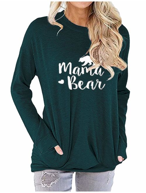 Nlife Women Mama Bear Shirt for Women Long Sleeves Loose Fit Casual Pullover Pocket