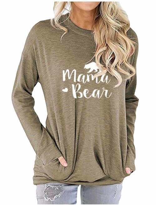 Nlife Women Mama Bear Shirt for Women Long Sleeves Loose Fit Casual Pullover Pocket