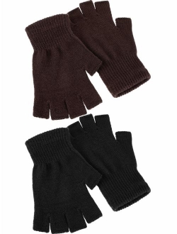 Satinior 2 Pair Unisex Half Finger Gloves Winter Stretchy Knit Fingerless Gloves in Common Size