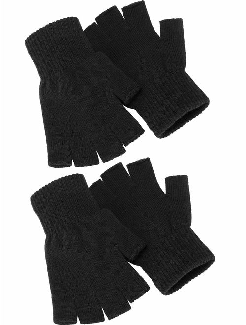 Satinior 2 Pair Unisex Half Finger Gloves Winter Stretchy Knit Fingerless Gloves in Common Size