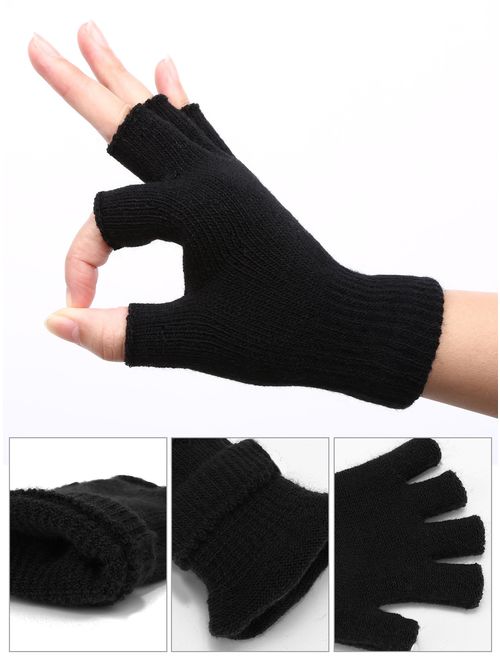 Satinior 2 Pair Unisex Half Finger Gloves Winter Stretchy Knit Fingerless Gloves in Common Size