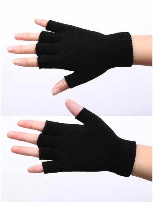 Satinior 2 Pair Unisex Half Finger Gloves Winter Stretchy Knit Fingerless Gloves in Common Size