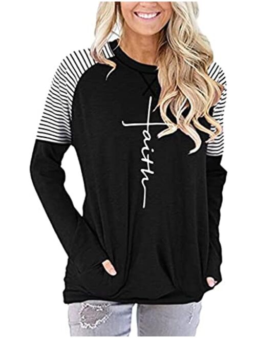 ZILIN Women's Casual Letter Print Crewneck T-Shirt Long Sleeve Tunic Tops Sweatshirt with Pockets