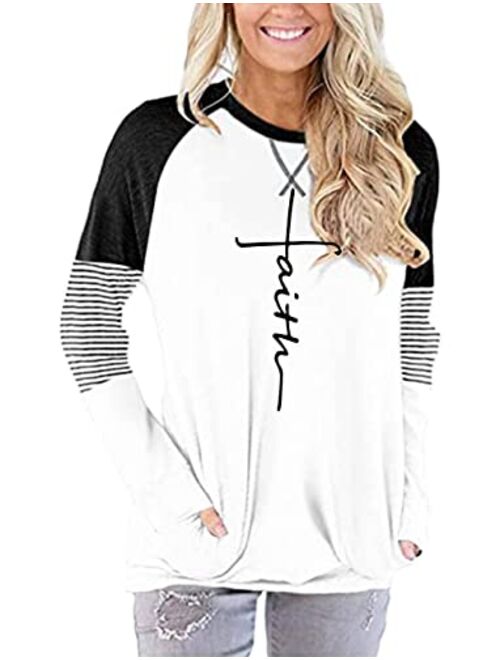 ZILIN Women's Casual Letter Print Crewneck T-Shirt Long Sleeve Tunic Tops Sweatshirt with Pockets