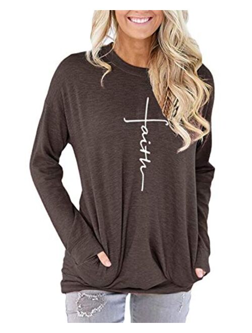 ZILIN Women's Casual Letter Print Crewneck T-Shirt Long Sleeve Tunic Tops Sweatshirt with Pockets