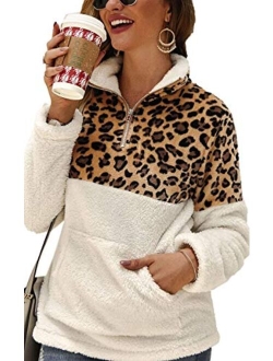 Angashion Womens Long Sleeve Half Zip Up Warm Fuzzy Leopard Print Patchwork Fleece Pullover Tops with Pocket for Winter