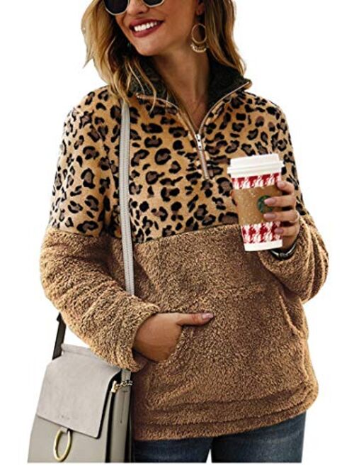 Angashion Womens Long Sleeve Half Zip Up Warm Fuzzy Leopard Print Patchwork Fleece Pullover Tops with Pocket for Winter