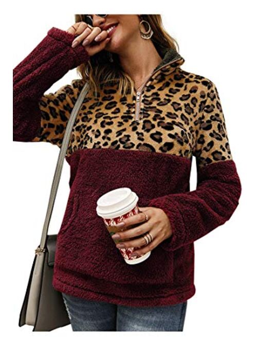 Angashion Womens Long Sleeve Half Zip Up Warm Fuzzy Leopard Print Patchwork Fleece Pullover Tops with Pocket for Winter