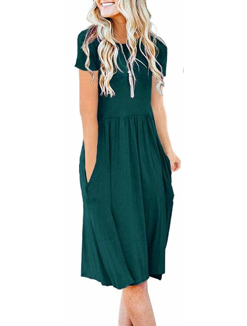 AUSELILY Women's Short Sleeve Pockets Empire Waist Pleated Loose Swing Casual Flare Dress