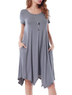 Invug Women Casual Loose Soft Crewneck Short Sleeve Pockets Swing T-Shirt Dress