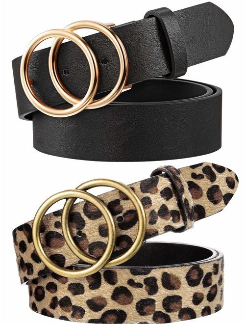 Syhood 2 Pack Women's Leather Belts for Jeans Dresses Fashion Ladies Belt with Gold Double Ring Buckle Brown Black