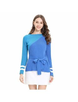 Easting-Leo Women's Casual Long Sleeve Sweater Loose Knit Crew Neck Wool Pullover Stitching Color Winter Warm Tops