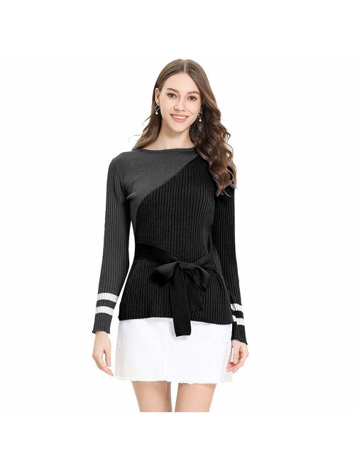 Easting-Leo Women's Casual Long Sleeve Sweater Loose Knit Crew Neck Wool Pullover Stitching Color Winter Warm Tops