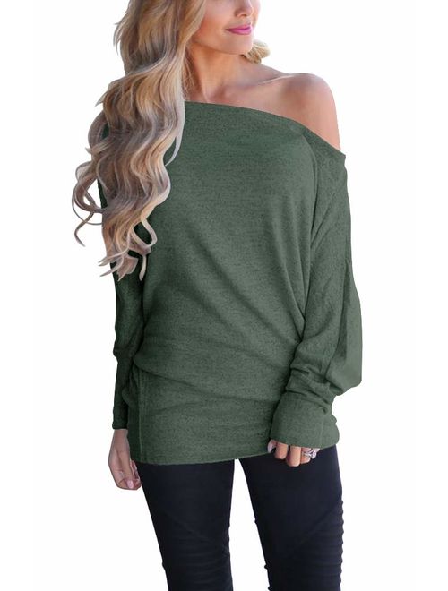 LACOZY Women's Off Shoulder Long Sleeve Oversized Pullover Sweater Knit Jumper Loose Tunic Tops