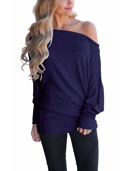 LACOZY Women's Off Shoulder Long Sleeve Oversized Pullover Sweater Knit Jumper Loose Tunic Tops