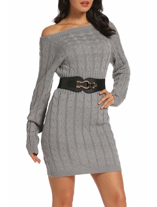 Donnalla Womens Sweater Dress Knee Length Bodycon Round Neck Knit Pullover Sweater