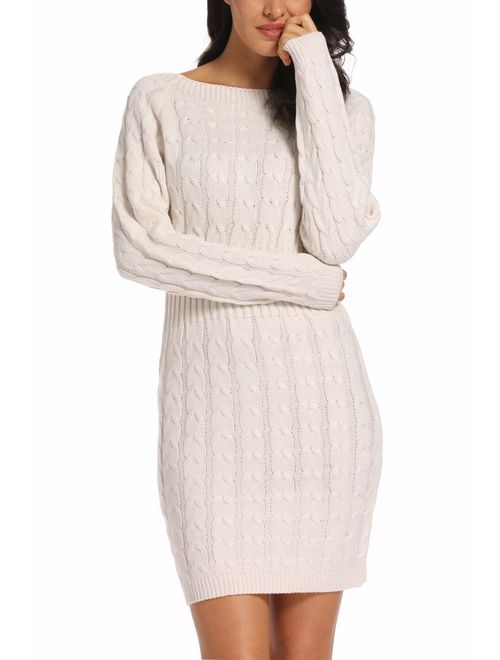 Donnalla Womens Sweater Dress Knee Length Bodycon Round Neck Knit Pullover Sweater