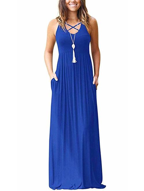 LILBETTER Floral Sleeveless Racerback Loose Casual Long Maxi Dresses with Pockets