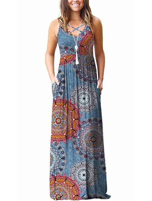 LILBETTER Floral Sleeveless Racerback Loose Casual Long Maxi Dresses with Pockets