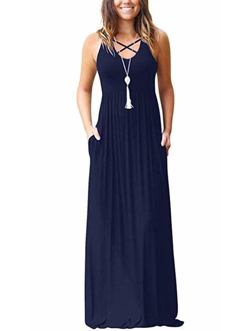 LILBETTER Floral Sleeveless Racerback Loose Casual Long Maxi Dresses with Pockets