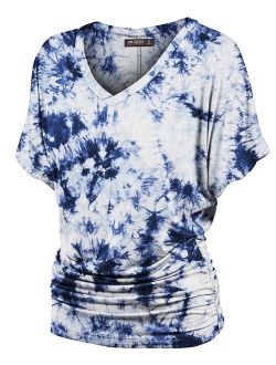 Lock and Love Women's Short Sleeve Crew Neck/V Neck Tie-Dye Ombre Dolman Top - Made in USA