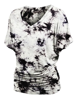 Lock and Love Women's Short Sleeve Crew Neck/V Neck Tie-Dye Ombre Dolman Top - Made in USA