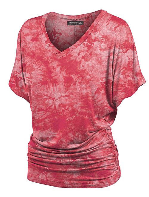 Lock and Love Women's Short Sleeve Crew Neck/V Neck Tie-Dye Ombre Dolman Top - Made in USA