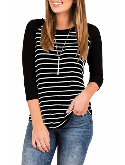 INFITTY Women's 3/4 Sleeve Raglan Striped T Shirt Baseball Tunic Tops Blouse